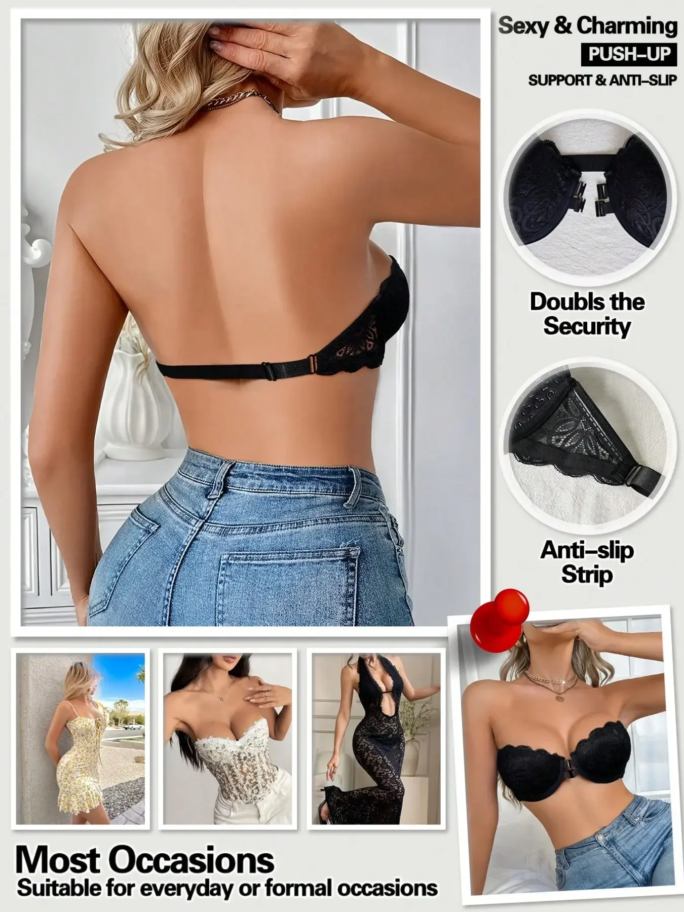 Sexy Lace Trim Front Buckle St - огляд і ціна Strapless Bra Backless
